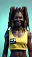 Placeholder: A woman has dark skin, yellow eyes and black dreadlocks. Her face has a slying smile, showing her superiority in the eyes of others. She is dressed in a steel armor with a few pieces of yellow and green fabric sticking out.