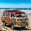 Placeholder: Powerful hippie car on the beach without a driver