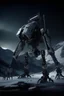 Placeholder: I want an image of a eight legged mechanical walker mech scaling the side of mout everest at night, it has a smooth surface, it has storage pods on its belly human can fit in the pods, it is covered with camera arrays