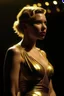 Placeholder: Scarlett Johansson, wearing a gold lame dress with spaghetti straps, standing against a dark background with stage lighting