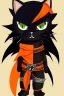 Placeholder: cat 2d, knight, ninja, black fur,full body, orange torn coat,game character, strong, anime, chibi