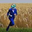 Placeholder: theresa may in robot armor, running through fields of wheat, sunshine, daytime, dystopian