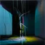 Placeholder: Minimal abstract oil painting of a person limbs sinew. in concrete warehouse brutalist architecture and hanging wires illuminated at night. With triadic colours. In the style of Justin Mortimer and Francis bacon