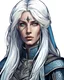 Placeholder: beautiful nordic stoic woman dressed as an inquisitor. she has white long hair and light blue eyes. her right eye is blind and the right side of her face have a scar near her eye partially covered by her hair.