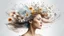 Placeholder: white background, Magic secret on the top of a woman’s head, in her hair, double exposure, high resolution, fine rendering, high detail, 3D, flowers, city on her head, fantasy, wind blowing hair,