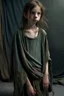 Placeholder: very thin 13 year old girl, dressed in rags, long fezzy haircut, A Cure for Wellness style, full figure