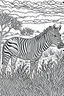 Placeholder: DRAW TO COLORING OF A ZEBRA IN THE SAVANNAH, CARTOON STYLE, LOW DETAILS, THICK LINES, NO SHADING