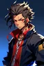 Placeholder: Anime male, age 18, short thick length dreadlocks, dark brown natural hair color, black and red techwear jacket, golden eyes, lean slim muscular body, blue energy, Jujutsu Kaisen artstyle