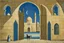 Placeholder: an open gothic_arab gate in a blue-tiled wall with a view of an old city by artist "de Chirico",by artist "Leonora Carrington"