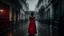 Placeholder: A woman seen from behind in a red dress and a white umbrella walks down the street on a rainy, foggy day, Gothic art, bloom, high quality