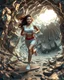 Placeholder: make a picture pretty cave made of crystal and metallic 3d fractal recursive cubic and sphere base structures and a beautiful fashion model lady with cute,curvy long hair,makeup, in pretty sports suit is running inside cave ,dynamic camera fallow her inside cave capturing full body, dynamic lights.