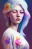 Placeholder: a woman, side profile, closed eyes, white hair, pastell, watercolor splash, white dress, rainbow flowers, in the style of Camilla d'Errico, hyper detailed, beautiful, complex, trending on artstation, cryengine, national geographic photo, chiaroscuro