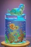 Placeholder: An aquarium glass cat shaped aquarium with fish, colorful fish, in an old style cozy library with a comfortable armchair to sit in and a large aquarium with fish, colorful fish