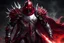 Placeholder: silver and crimson knight armor, and a ghostly red flowing cape, crimson trim flows throughout the armor, the helmet is fully covering the face, black and red spikes erupt from the shoulder pads, crimson hair, spikes erupting from the shoulder pads and gauntlets, glowing red eyes, riding a black demon warhorse with glowing red horns wearing silver and crimson armor with glowing red eyes