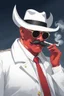 Placeholder: An old very red crimson devil wearing a white and gold police comisioner outfit, he is also wearing glasses, he has a white scruffy mustache, and a small black fedora, he also smoking a cig.