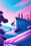 Placeholder: Art illustration, travel poster featuring, French countryside, Pastel blues, pinks and purples, Wide Angle, professional lighting, cinematic lighting, long shadows, saturated contrast, hyperdetailed, 32k, vektor