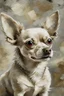 Placeholder: This image is a striking painting of a chihuahua The dog is facing forward with a slightly tilted head, giving it a curious and endearing expression. Its fur is rendered with expressive, textured impasto brushstrokes in earthy tones—creamy whites, browns, and hints of gray—that create a sense of depth and movement. The background is a soft, muted gray, which contrasts beautifully with the warm tones of the dog and helps it stand out as the focal point. The overall style blends realism with impre