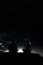 Placeholder: Black background on a mountaintop. A silhouette of a fit human man and a silhouette of a fit human woman sitting close to each other, looking at the stars.