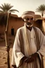 Placeholder: Old man, Arab, turban, white clothes, cattle, desert, council, sun, palm trees, mud houses, holding a stick, looking forward, a very slight smile.