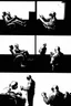Placeholder: a page divided into 6 rectangular panels, each with different views of a man strapped to a chair and being interrogated by a man standing with a gas mask on, lower and higher perspectives, front and back, overhead light, suspenseful torture graphic novel, comic book