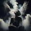 Placeholder: woman sitting forward Her face upward and blows cigarette smoke from their mouth upward. a figure with wings emerging from its back. behind the clouds of smoke look death. dark and mysterious