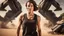 Placeholder: beautiful slender caucasian female technician, black tank top, well toned muscles, weathered face, scratched sand camo metal details, short brunette wavy bob haircut, dystopian, desert scene, jumping from a futuristic tank, explosions in background