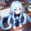 Placeholder: Clear focus, High resolution, long fluffy light blue hair, hair between eyes, long locks, wearing a sailor uniform, wearing a sailor skirt, long black socks, 1girl, cartoon, cute, UNFOTABLE studio