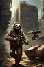 Placeholder: sloth in a scavenger clothes getting chased by robots, shooting a gun on the left side, hyper realistic art, post-apocalyptic city hospital background