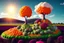 Placeholder: lifelike photography, vegetable and fruit landscape, broccoli forest, chive field, cauliflower sheep, orange sun, whipped milk clouds, raspberry flowers, cheese barn and haystack in sunshine, surrealistic