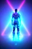 Placeholder: neon blue, floating triangle of light orbiting behind the back, cyber armor, geometric patterns on armor, male, orbiting triangle