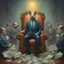 Placeholder: rich pig in suit on a throne making stacks of money by making a deal with a buisnessman. background of musicians. Payday payday. beksinski style.