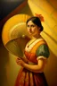 Placeholder: mexican woman holding a fan turning around looking into camera neoclassism painting sun