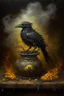 Placeholder: Living cauldron with yellow sigil, slightly demonic golem crow lizard in it, prize winning oil painting