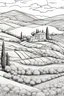 Placeholder: imagine prompt coloring page for adult, a hills, Tuscan villa on rolling hills, surrounded by green cypress trees and blooming fields. Infuse the scene with sunlight, conveying a cozy and tranquil atmosphere. a white background 9:11