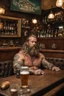 Placeholder: full body shot photography of a burly tired muscular beefy stocky viking tattoed 48 years old, lying down relaxing on a table full of glasses of beer, in irish pub, manly chest, shirtless, hairy torso, dressed wth traditional dress,, long hair, long beard, emotive eyes, big shoulders, ambient occlusions, photorealistic , aerial view