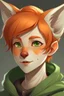 Placeholder: A female with short red hair, dark green eyes, large orange fox ears, slight smile, pale skin, freckles