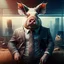 Placeholder: album cover realistic gamer pig watching movie huge rabbit in a suit in background