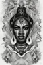 Placeholder: black and white illustration in a tattoo style of the oshun divinity in a white background