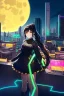 Placeholder: girl, masterpiece, best quality, cinematic lighting, detailed outfit, perfect eyes, black hair, golden eyes, long hair, ponytail, braided ponytail, girl standing in a modern cityscape at night with a bright yellow moon in the background, detailed cityscape illustration, neon lights, vibrant colors, dramatic lighting,