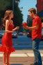 Placeholder: A girl collides with a young man and he catches her in the middle of the road and they look at each other with the bells around them ringing, the girl wears a short red dress exposed from the shoulders, and the young man wears jeans and catches an oil painting Photorealistic