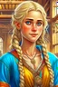 Placeholder: pretty girl, aged 25, blonde, conventionally attractive, bright clothes, medieval, viking, realism, dreamy, adventurer