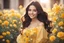 Placeholder: Luminous Look, beautiful girl, long dardark hair, brown eyes. warm smile. Wearing a yellow gala dress. Colored flowers all around