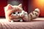 Placeholder: cute fluffy chibi beige cat playing with a giant plush red covid virus in a modern hall on a carpet in sunshine