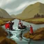 Placeholder: The prince of the high tide and the prince of the low tide in the river wearing medieval battle clothes, the image is divided into half a river at high tide and half a river at low tide