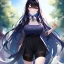 Placeholder: Clear focus,High resolution, black long fluffy hair, long fluffy bangs, purple eyes, wearing a summer outfit, wearing black shorts