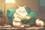 Placeholder: cute chibi fluffy beige bioluminescent cat reading a book sitting on a sofa next to a glowing tiffany lamp in a modern room