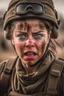 Placeholder: a beautiful American woman soldier with ferocious expression fighting in war field