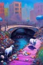 Placeholder: painting of a cyberpunk colourful natural walkway rubbish on the street in the city with pollution and a small bridge by a creek with electric sheep and androids by monet