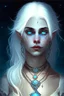 Placeholder: hauntingly beautiful character for dnd, young woman with white hair and blue eyes, angel, with moon necklace, vampire