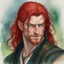 Placeholder: dnd, fantasy, watercolour, large strokes, stylistic, portrait, illustration, dull colours, male, face, narrow long face, weathered face, green eyes, determined, smiling, red hair, very long hair streaming down the shoulders, lush hair, radiating light, five o'clock shadow